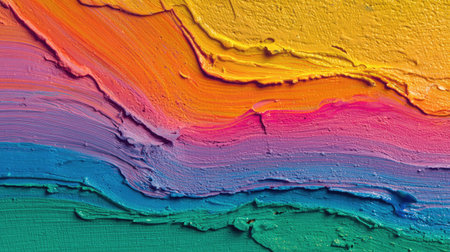 This colorful abstract background features vibrant brush strokes layered in rainbow shades. The smooth texture and bold hues create an engaging visual appeal.の素材