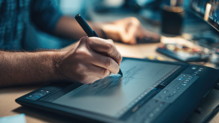 A focused artist creates digital designs using a graphic tablet, showcasing the modern creative workspace filled with technology and artistic tools.の素材