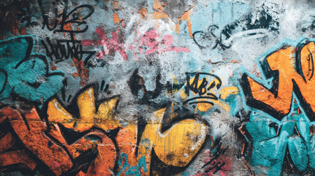 A detailed depiction of a vibrant graffiti wall showcasing an array of colors and textures, perfect for creative projects needing urban flair.の素材