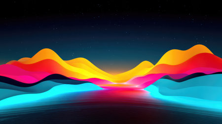 This stunning abstract artwork features a vibrant landscape with flowing waves of pink, orange, and blue against a night sky, creating a dreamy atmosphere.の素材