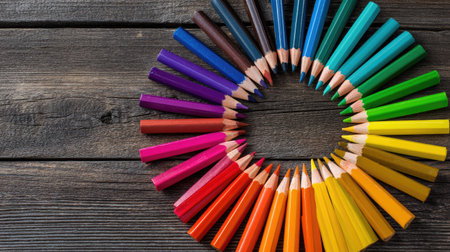This image showcases a vibrant arrangement of colorful pencils forming a circle on a rustic wooden table, perfect for inspiring creativity in art and design projects.の素材