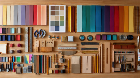 Discover a vibrant array of office supplies and craft materials beautifully arranged on a wooden surface, ideal for inspiration and creative projects.の素材