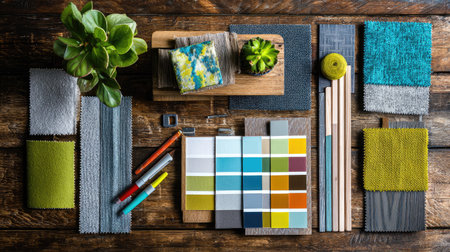 A vibrant and engaging flat lay featuring various design materials, samples, and tools on a rustic wooden surface, ideal for creative projects and inspiration.の素材