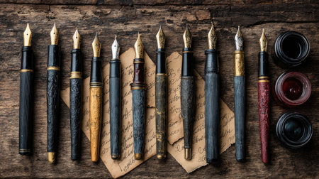 This captivating image features a collection of vintage fountain pens, ink bottles, and old letters arranged on a rustic wooden surface, evoking nostalgia and creativity.の素材