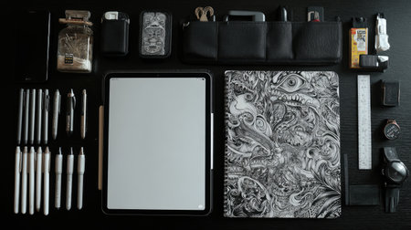 A visually appealing flat lay of a creative workspace arranged neatly on a dark wooden table. Features sketchbook, various pens, a tablet, and essential stationery items.の素材