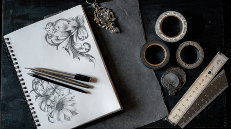 An inspiring artistic workspace featuring a sketchbook open to floral drawings, accompanied by pencils, a ruler, and decorative elements, perfect for creative projects.の素材