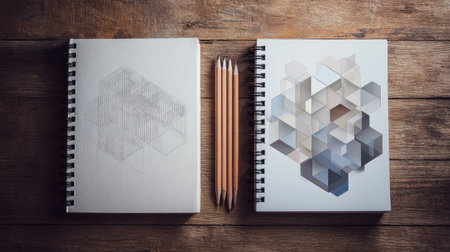 This image showcases a unique artistic representation featuring sketches and colored geometric patterns on a wooden surface, complemented by pencils.の素材
