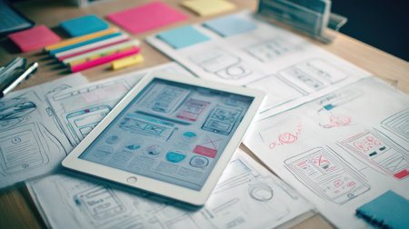 A digital tablet rests among colorful sketches and stationery, showcasing a creative workspace filled with vibrant notes and design tools. Ideal for illustrating design and teamwork concepts.の素材
