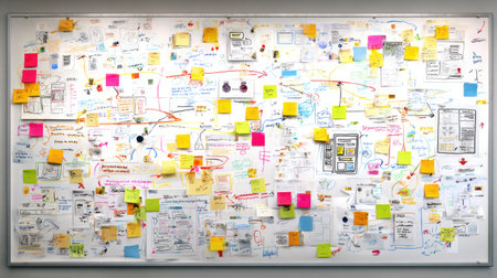 A vibrant brainstorming board displays an array of colorful sticky notes, sketches, and annotations, encapsulating a dynamic and organized approach to project planning and idea generation.の素材