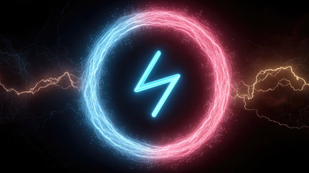 This captivating image features an energizing electric symbol surrounded by a vibrant circular light in blue and pink tones, set against a dark background.の素材