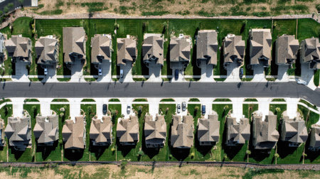 This aerial photograph captures a well-maintained residential neighborhood, showcasing houses with manicured lawns and neatly lined streets under bright sunlight.の素材