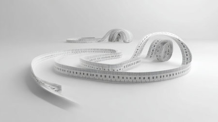 This image features a curved measuring tape gracefully laid out on a smooth surface, embodying a minimalist aesthetic ideal for design and engineering projects.の素材