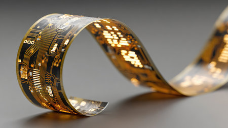 This captivating image features a flexible circuit board with intricate details and glowing elements, representing the forefront of modern technology and innovation in electronics.の素材