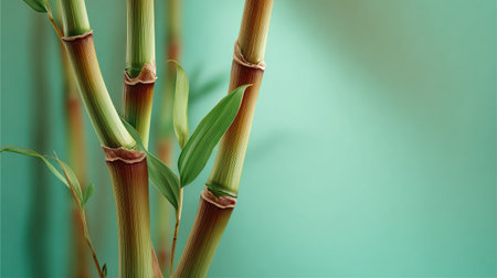 This image features fresh green bamboo stalks with vibrant leaves, set against a soft turquoise background. It evokes tranquility and brings a sense of nature indoors, perfect for wellness and home decor themes.の素材