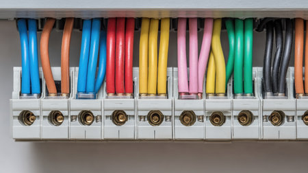 This image showcases a close-up view of colorful electrical wires and connectors arranged neatly in a circuit panel, emphasizing safety and organization.の素材