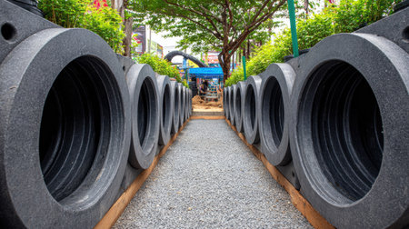 A scenic view highlighting a pathway flanked by large black pipes, entwined with lush greenery and playground structures, inviting exploration and adventure.の素材