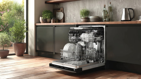 This image features a stylish kitchen with an open dishwasher displaying a neat arrangement of clean dishes. The surrounding plants and modern decor enhance the inviting atmosphere.の素材
