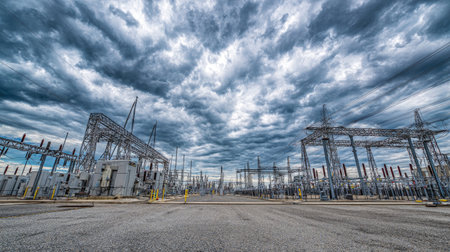 A dramatic view of a power station under an expansive sky filled with dark, rolling clouds, showcasing complex infrastructure essential for energy supply.の素材
