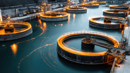 This captivating aerial image showcases the circular water treatment tanks in a wastewater facility, illuminated by dynamic light trails that emphasize the flow and movement within the system.の素材