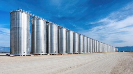 A long row of metallic silos stands against a blue sky, showcasing the industrial landscape of agriculture. The scene captures vastness and serenity.の素材