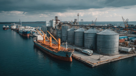 A dynamic industrial harbor scene featuring large cargo ships docked near silos under a cloudy sky. The port is a hub for shipping and logistics.の素材