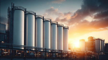 This image captures a modern industrial facility featuring tall silos against a stunning sunset. The scene highlights the blend of technology and urban development, emphasizing the importance of manufacturing in today's economy.の素材