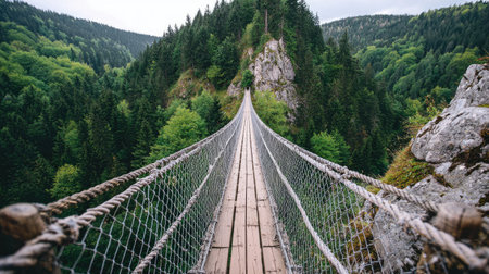 Experience the beauty of nature with this stunning image of a suspension bridge nestled among lush mountains and vibrant greenery, inviting adventure.の素材