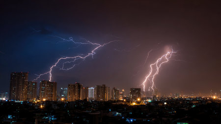 Stunning display of lightning illuminating a city skyline at night, showcasing the power of nature with dramatic flashes contrasting urban buildings.の素材