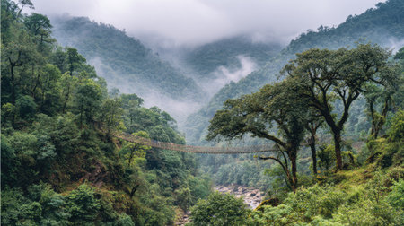 This captivating image showcases a lush green forest landscape, featuring misty mountains and a serene suspension bridge over a flowing river. Perfect for nature lovers.の素材