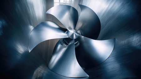 A close-up view of a metal propeller spinning in a wind tunnel, showcasing its sleek design and reflective surface under cool blue lighting, emphasizing motion and technology.の素材