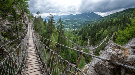 A picturesque rope bridge stretches over a lush green valley, offering stunning views of surrounding mountains and dramatic clouds above. Ideal for nature lovers.の素材
