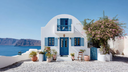 A picturesque white house with stunning blue details and blooming flowers stands against the backdrop of the serene sea in Santorini, Greece.の素材