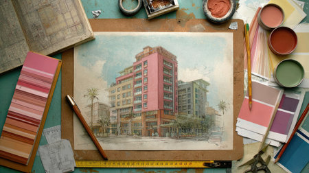 A vibrant urban architectural watercolor rendering showcases a colorful building amidst design materials and tools, embodying creativity and inspiration.の素材