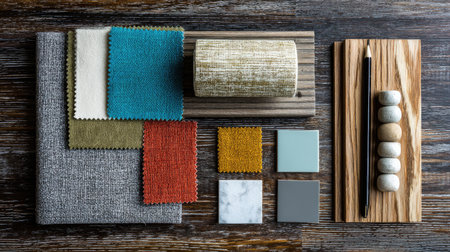 A visually appealing arrangement of fabric swatches and materials showcasing vibrant colors and textures, perfect for interior design projects and inspiration.の素材