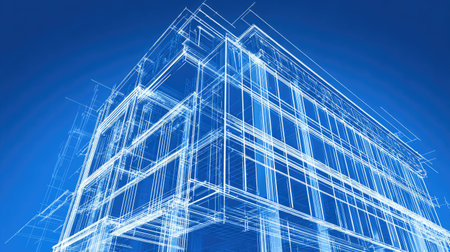 This image showcases a detailed architectural blueprint of a modern building against a blue background. The intricate line work gives a perspective view, highlighting the structure's design and planning elements, making it ideal for construction projects and design discussions.の素材