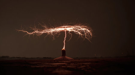 This captivating image showcases a powerful electric arc creating stunning lightning patterns in a dark environment, demonstrating the beauty of electrical phenomena.の素材