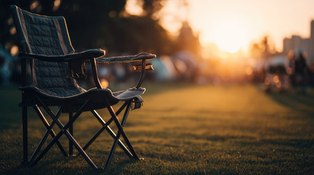 A cozy folding chair sits in a peaceful outdoor setting at sunset, casting soft shadows on the grass while inviting relaxation and calm moments.の素材