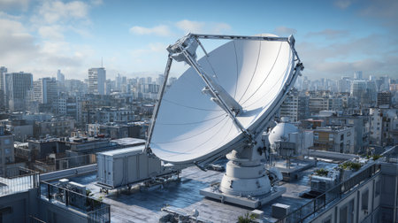A large satellite dish is prominently placed on a rooftop, providing communication services to the surrounding urban environment filled with skyscrapers.の素材