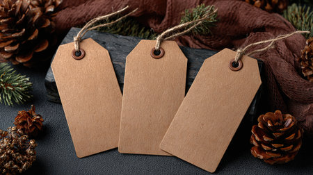 A charming composition of three blank gift tags resting on a rustic wooden surface adorned with pine cones and natural elements, ideal for holiday crafting.の素材