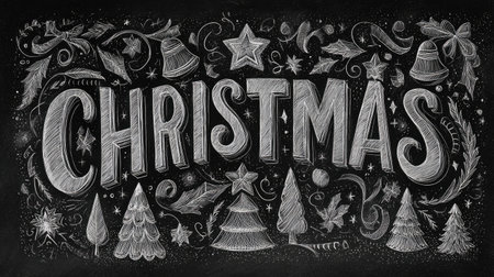 A detailed chalkboard art featuring the word "Christmas" surrounded by festive decorations like trees, stars, and bells, creating a joyful holiday vibe.の素材