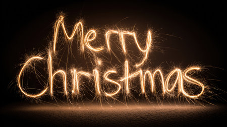 A festive display of the handwritten message "Merry Christmas," illuminated by sparkling lights on a dark background, evoking joy and warmth.の素材