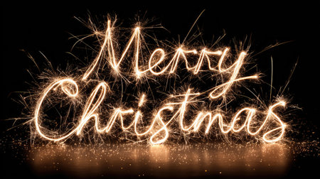 This stunning image features the words "Merry Christmas" elegantly illuminated by sparkling lights on a dark background. Perfect for holiday greetings and festive celebrations, this artwork embodies the joy and warmth of the season.の素材