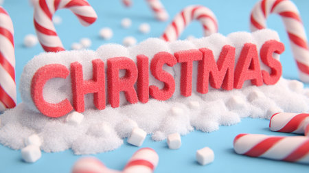 This vibrant image showcases the word "Christmas" crafted from colorful material, surrounded by candy canes and wintery snow. Perfect for holiday-themed projects.の素材
