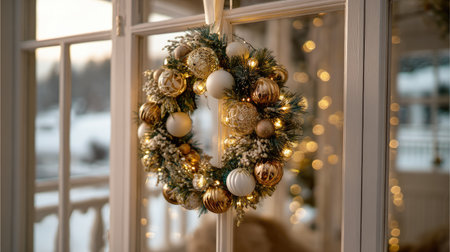 A stunning Christmas wreath adorned with golden and white ornaments, twinkling lights, and greenery hangs gracefully on a window, creating a warm, festive atmosphere.の素材