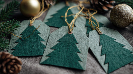 Charming green Christmas gift tags adorned with tree designs, perfect for adding a personal touch to holiday presents, creating a cozy and festive atmosphere.の素材