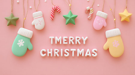 A vibrant and playful Christmas scene featuring colorful mittens and ornaments arranged against a soft pink backdrop, embodying the festive spirit.の素材