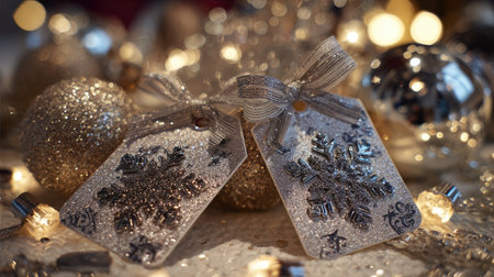 Beautifully crafted silver Christmas tags featuring intricate snowflake designs rest among shimmering ornaments and warm lights, creating a festive atmosphere.の素材