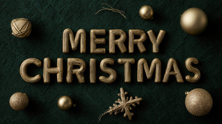 Capture the essence of the holiday spirit with this elegant depiction of golden "Merry Christmas" text surrounded by festive ornaments and a snowflake.の素材