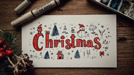 Captivating hand-drawn Christmas illustration featuring a whimsical snowman and festive trees, perfect for holiday projects or decorations.の素材