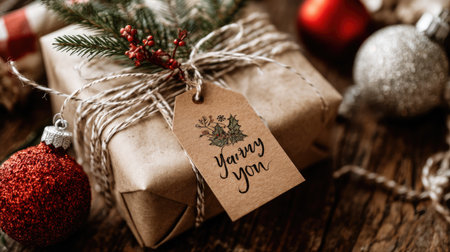A beautifully wrapped Christmas gift in brown paper and twine sits on a wooden table. A decorative tag and colorful ornaments enhance the cozy holiday vibe.の素材